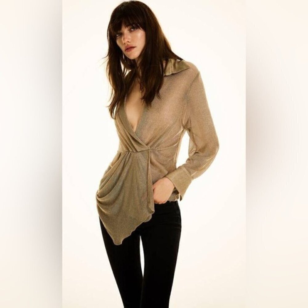 Zara Rose Gold Metallic Thread Pleated Blouse size M - Picture 3 of 11